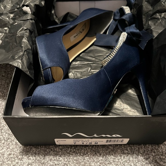 Nina Karen Luster Navy Blue Peep Toe Pumps Heels Rhinestone Ankle Strap Bow, 7.5 - Picture 4 of 4